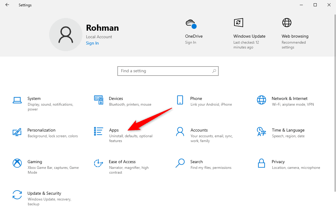 Apps di menu settings