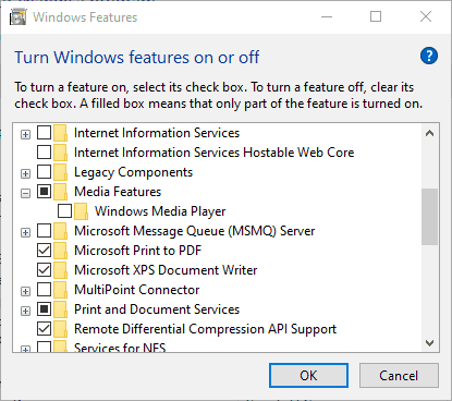 turn windows features on or off Windows media player dimatikan.
