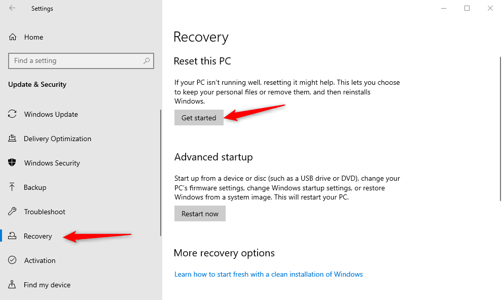 windows 10 recovery setting