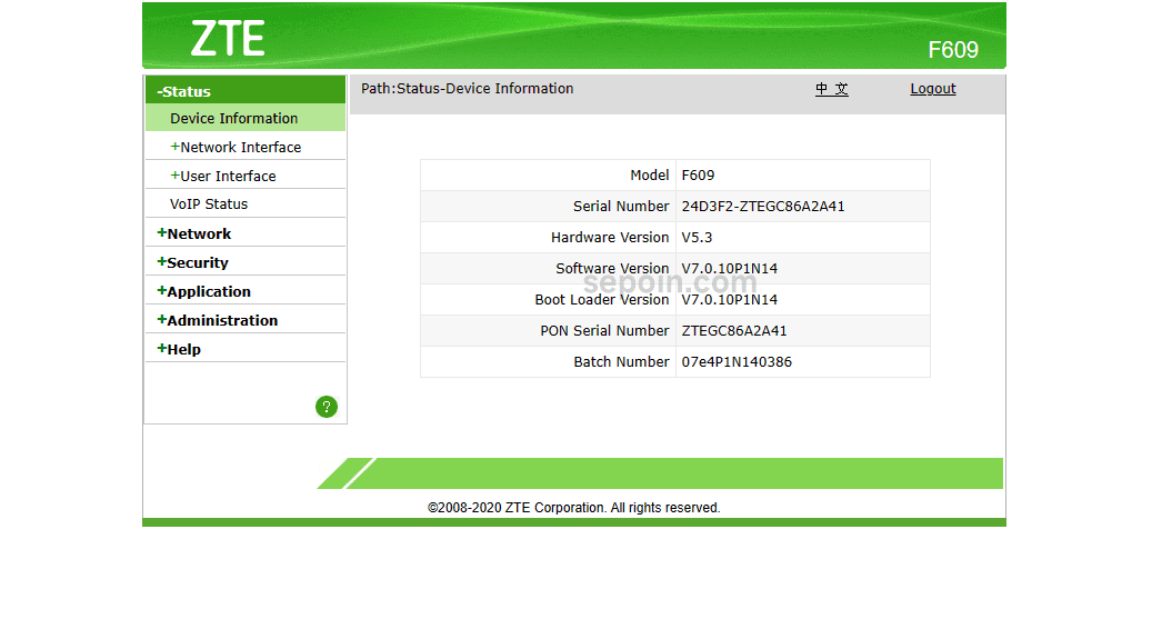 tampilan utama dashboard zte f609