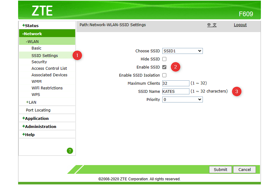 Menu WLAN zte f609