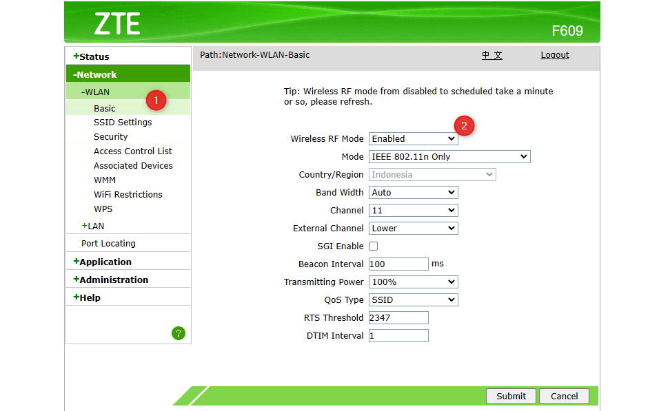 Menu WLAN zte f609