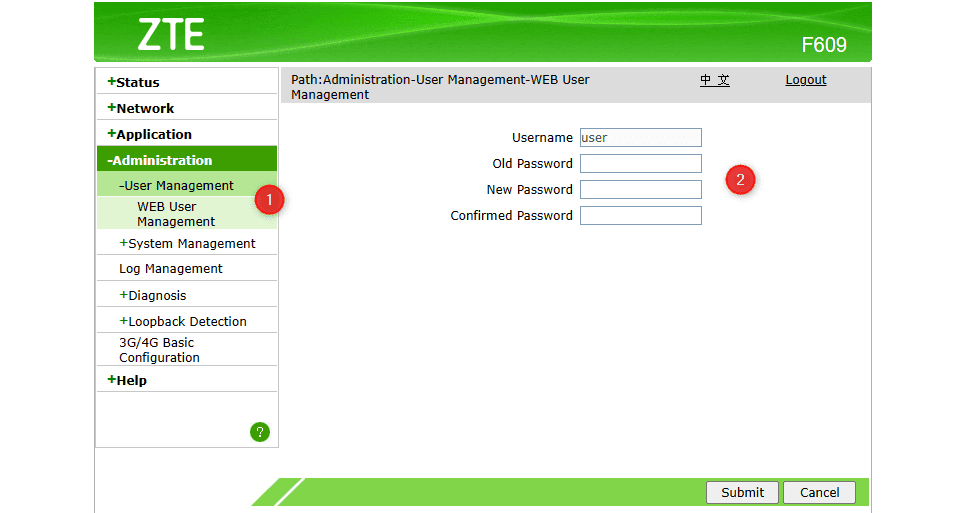 menu mengganti Password Login Modem ZTE F609