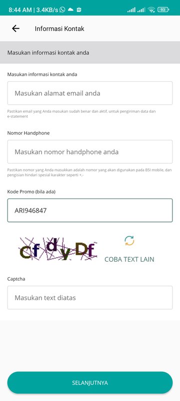 masukkan kontak kode promo