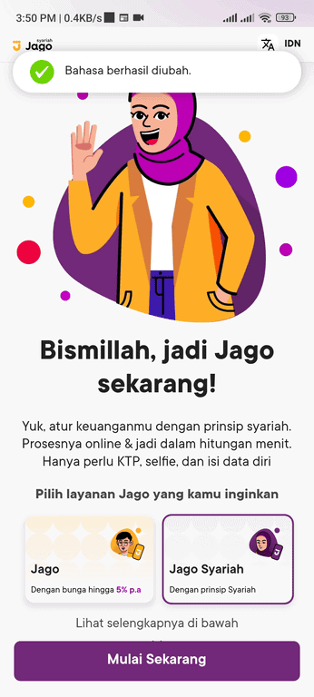 tampilan awal aplikasi jago