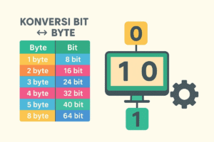 💾 Bit vs Byte: Yuk Pahami Perbedaannya Sekali untuk Selamanya! Konversi bit ke byte dan sebaliknya, ilustrasi penghitungan digital dan tabel konversi ukuran data digital.