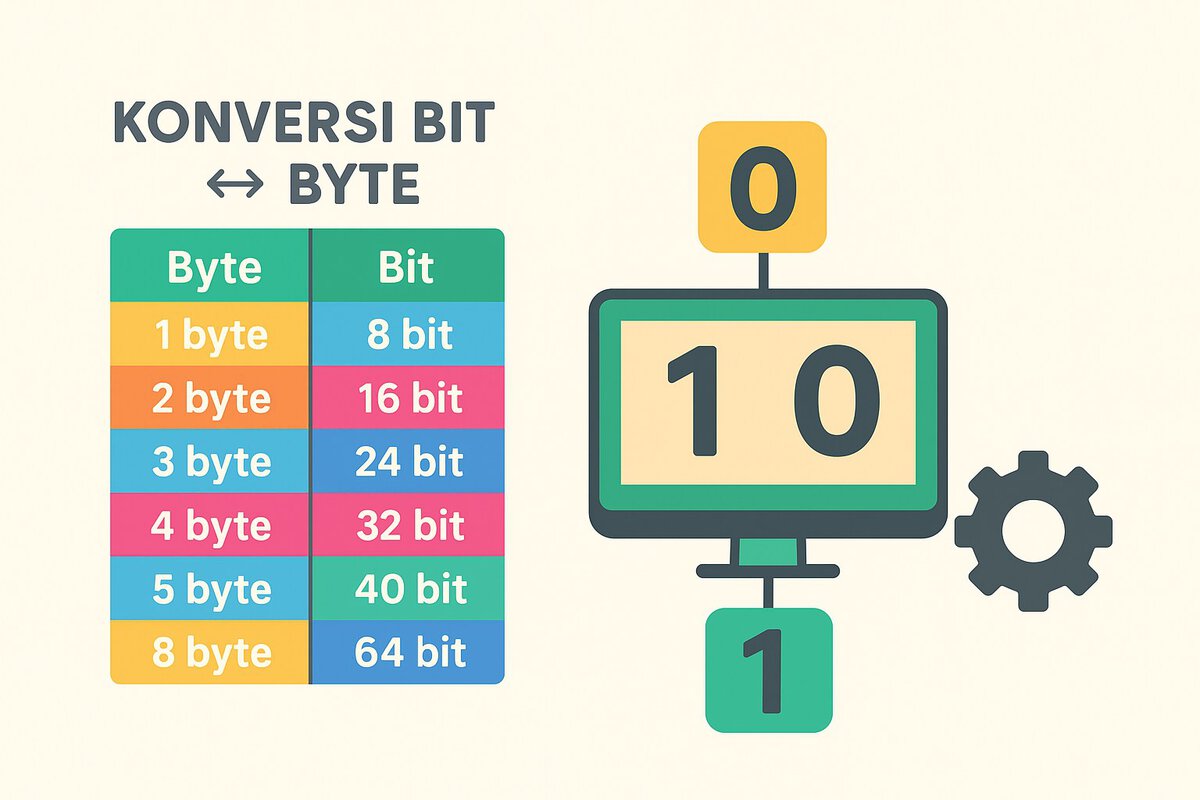 bit dan byte Konversi bit ke byte dan sebaliknya, ilustrasi penghitungan digital dan tabel konversi ukuran data digital.