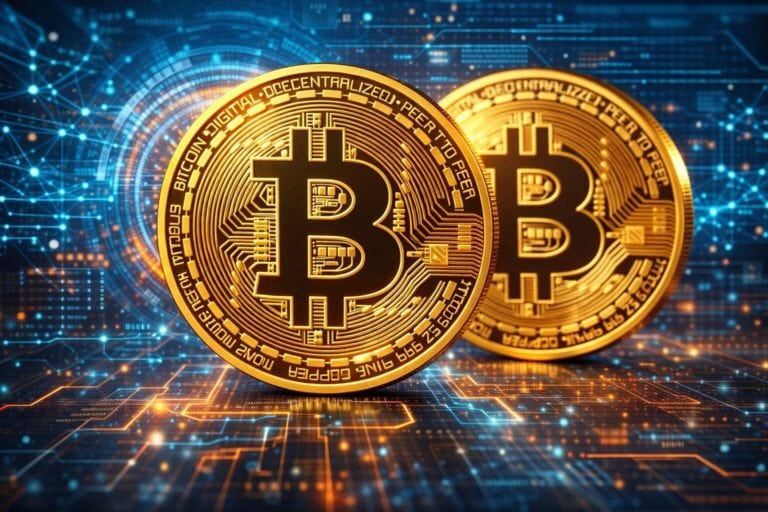 Koin Bitcoin digital, teknologi blockchain, keuangan kripto, investasi cryptocurrency, pasar crypto global.